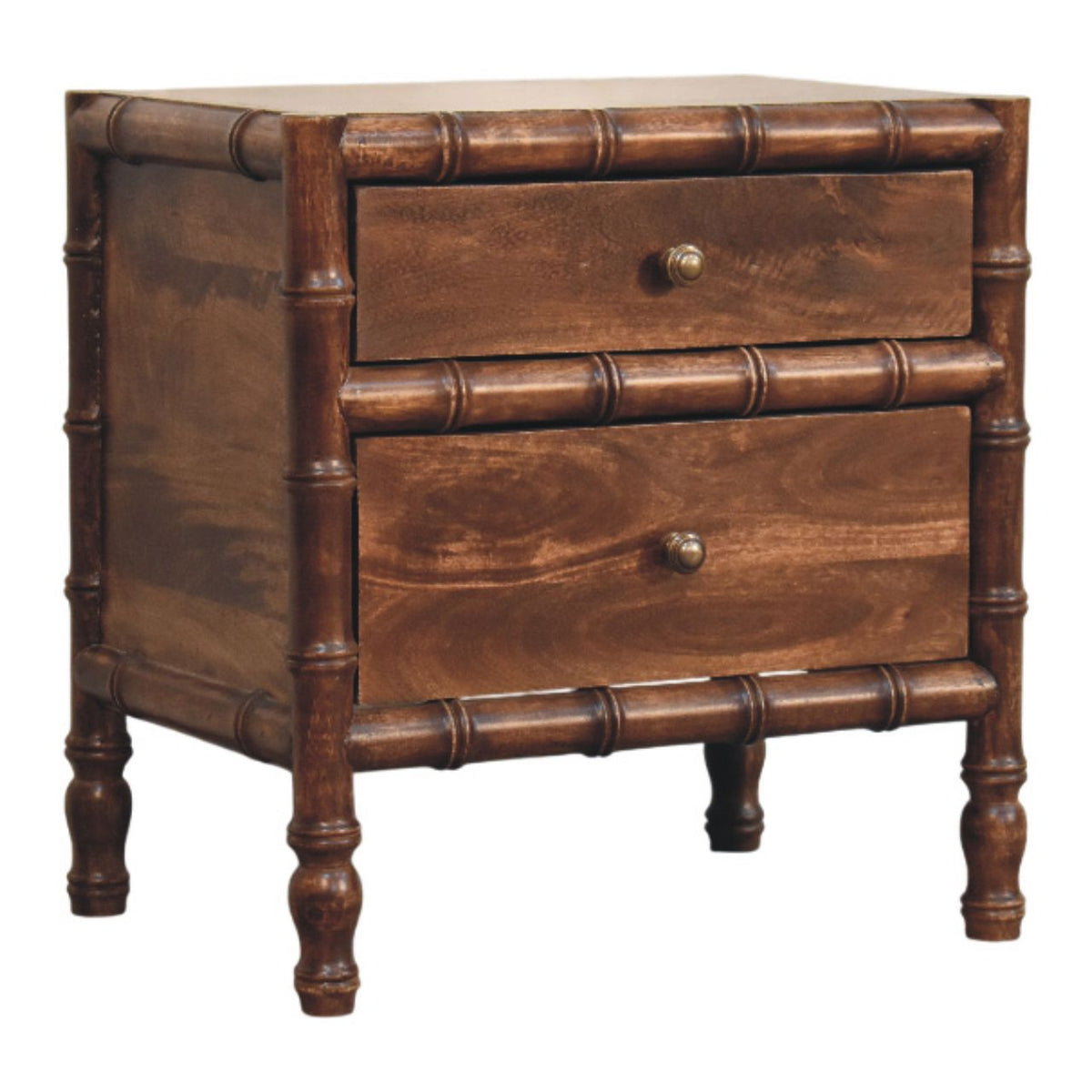 Brown bamboo-frame wood nightstand, side view with two drawers and metal knobs