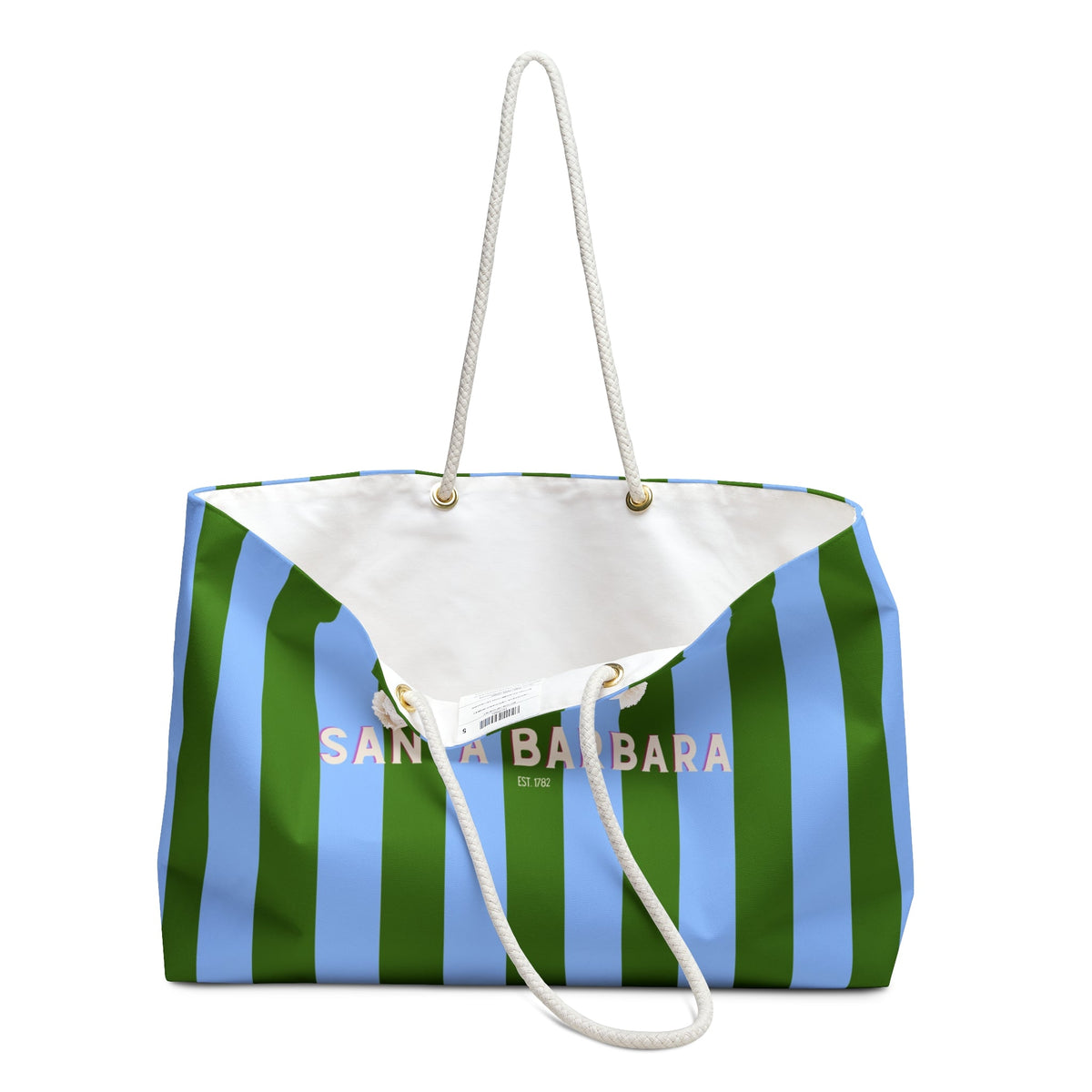 Striped beach tote with rope handles and front pouch detail, green and ice-blue