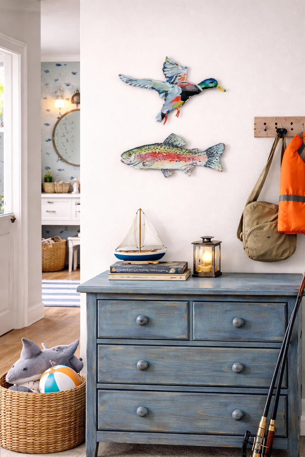 Acrylic wall contour trout fish and colorful bird mounted on wall