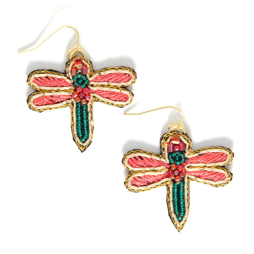 Beaded dragonfly earrings with red, teal, and gold details