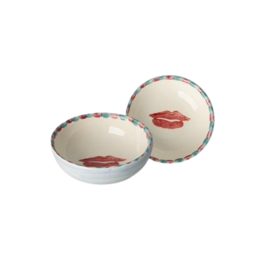 Small ceramic dipping bowl with hand-painted red lips and dotted multicolor rim