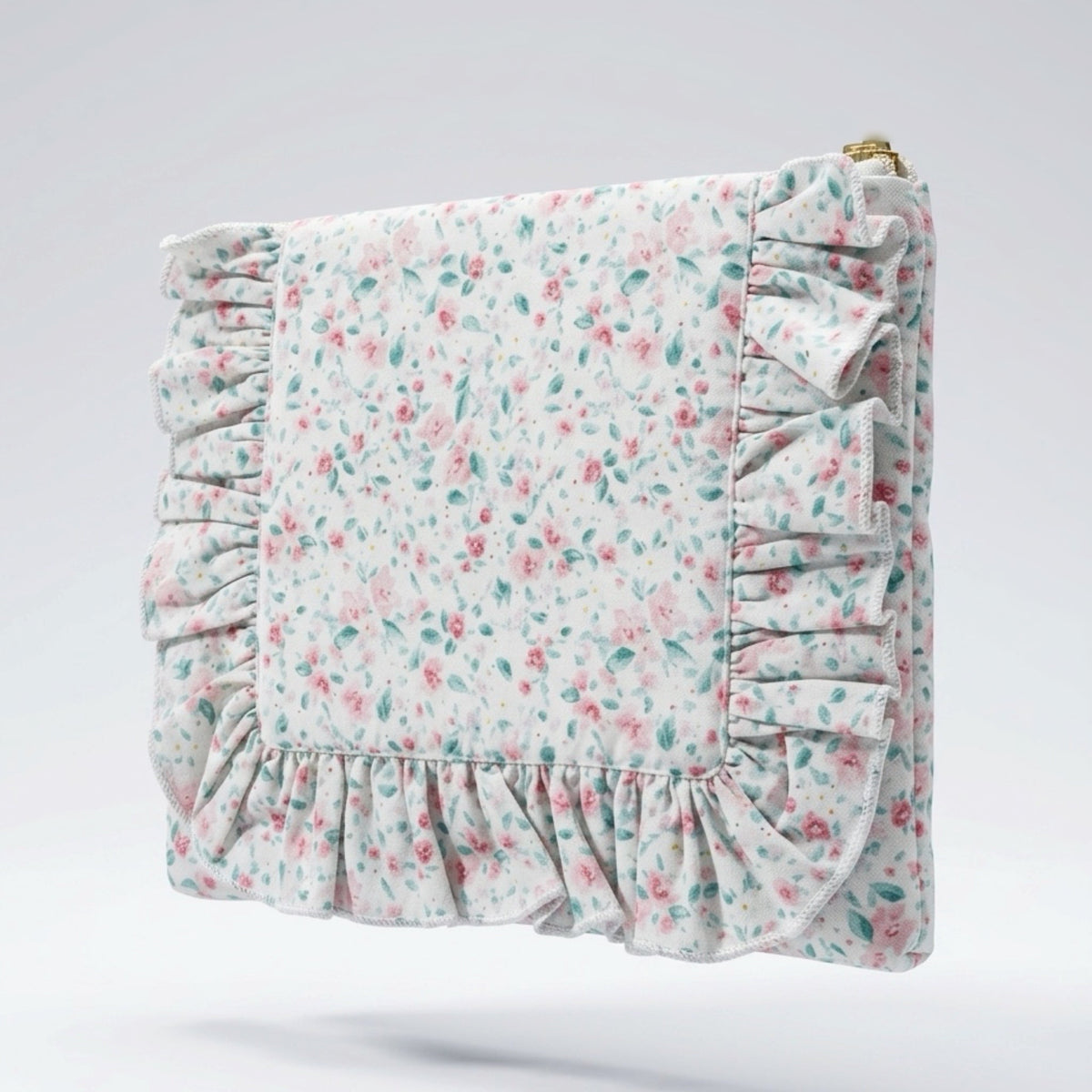 Pastel floral confetti zip pouch with ruched ruffle trim at bottom edge