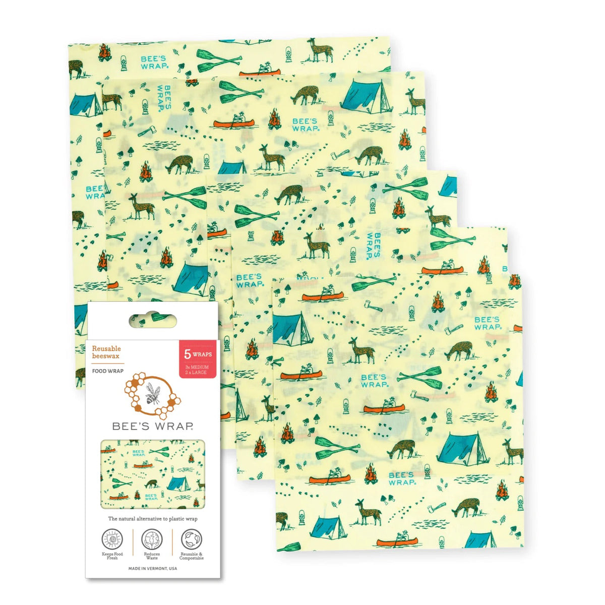 Reusable outdoor-themed food wrap set with camping and animal pattern in pale teal