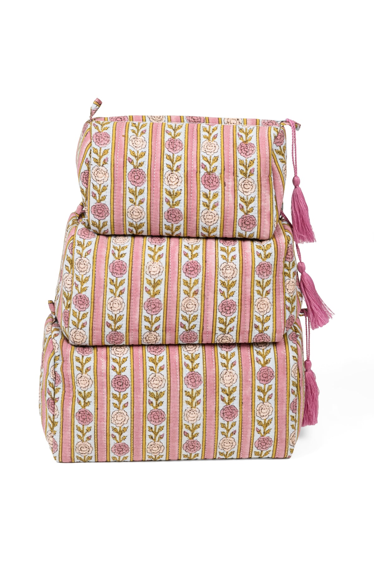 Stacked two-piece striped makeup bag set with tassels in pink and green tones