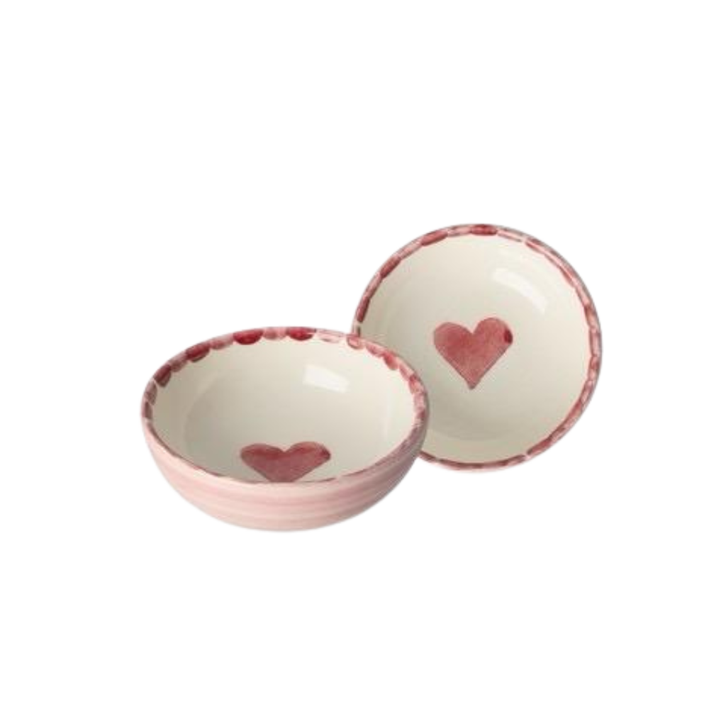 Small ceramic dipping bowls with hand-painted red hearts, rounded white interior and rim