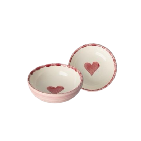 Small ceramic dipping bowls with hand-painted red hearts, rounded white interior and rim