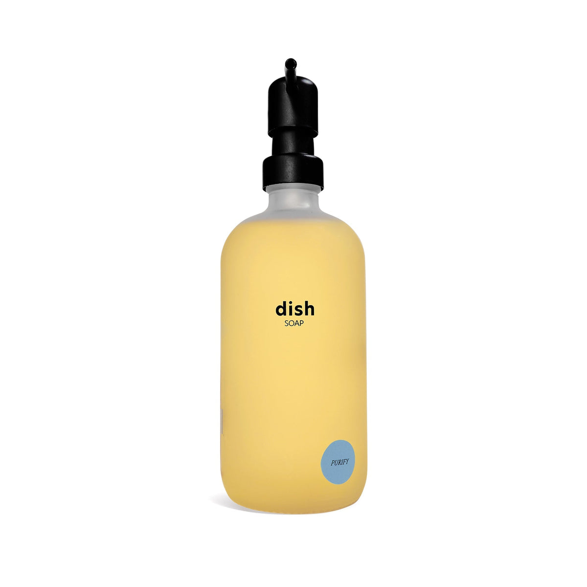 Dish soap pump bottle with black dispenser and pale yellow liquid