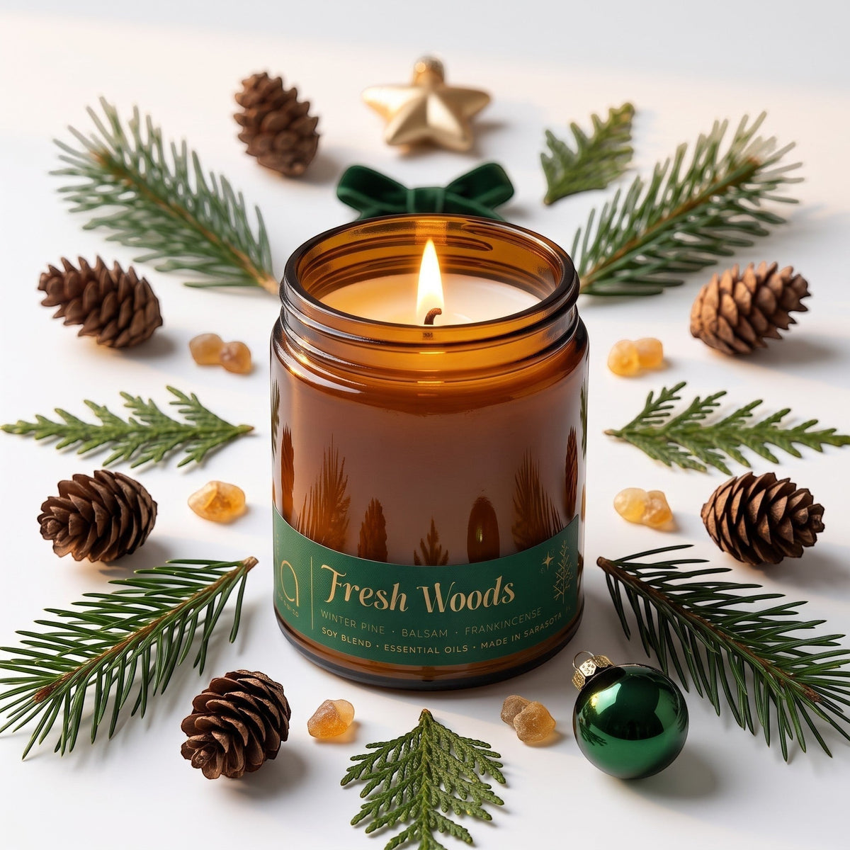 Amber glass candle jar with lit wick and green label, surrounded by pine branches and pinecones.