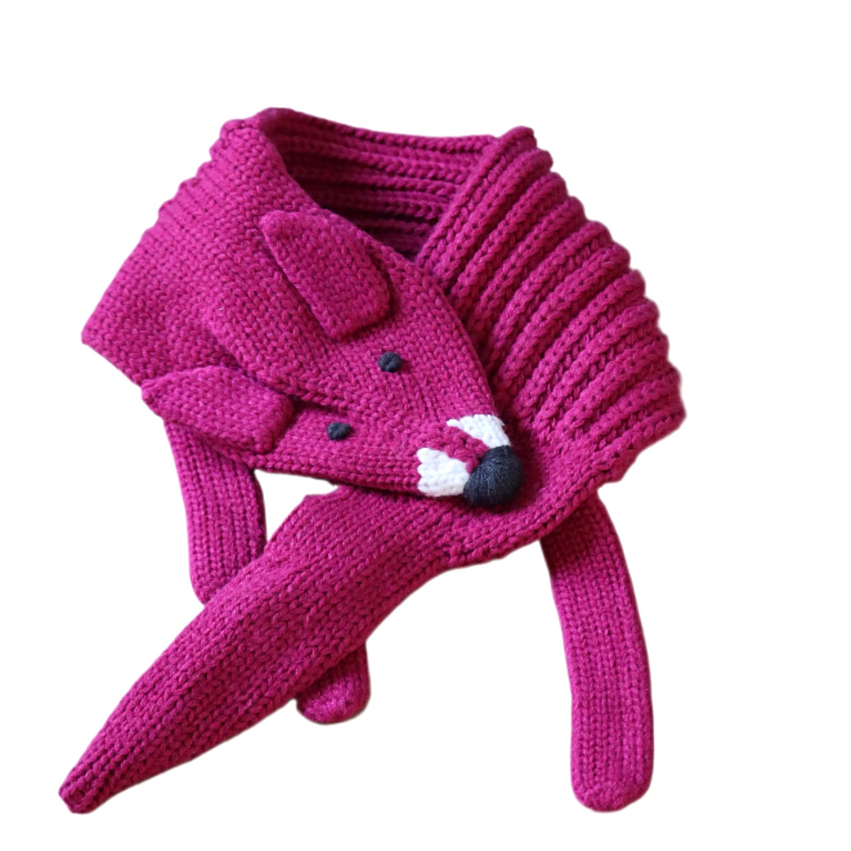 Pink knitted fox neck warmer with snap-button fastening and long scarf ends