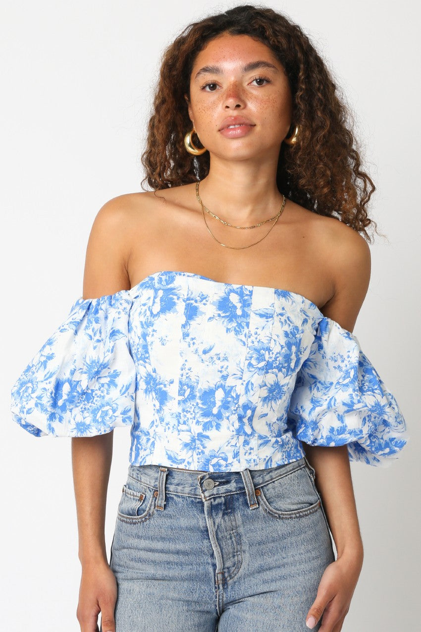 Blue floral off-shoulder puff sleeve crop top with gathered neckline