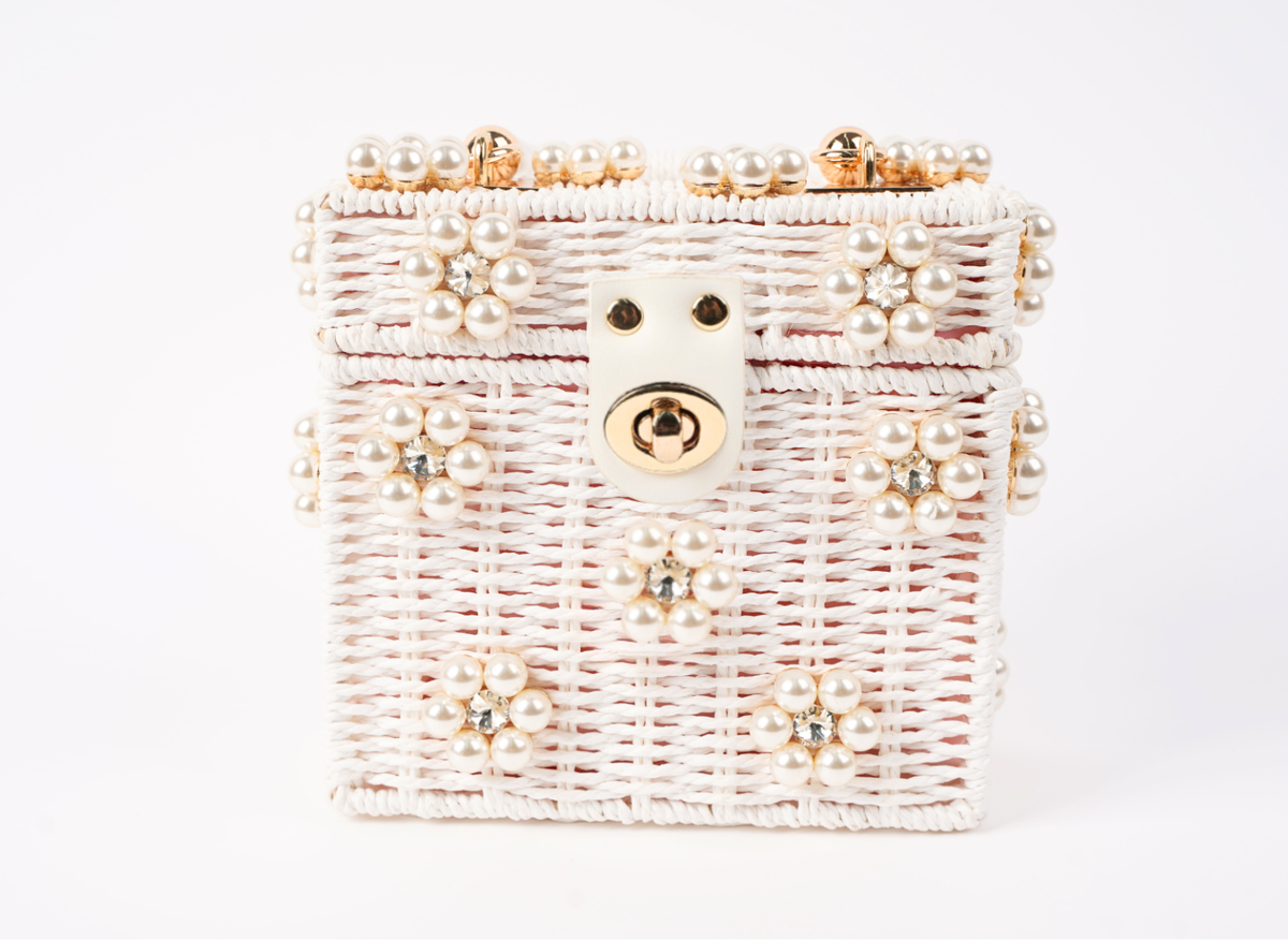 Pearl beaded woven handbag with gold clasp and top handle
