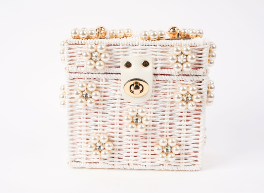 Pearl beaded woven handbag with gold clasp and top handle