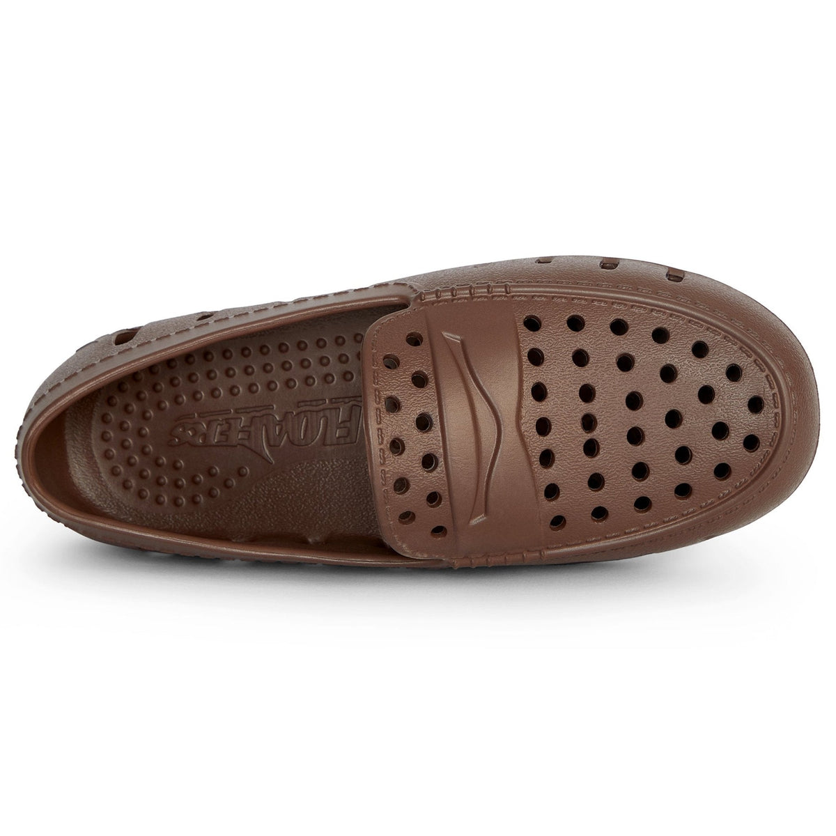 Kids brown loafer side view with perforated toe and grippy dotted insole
