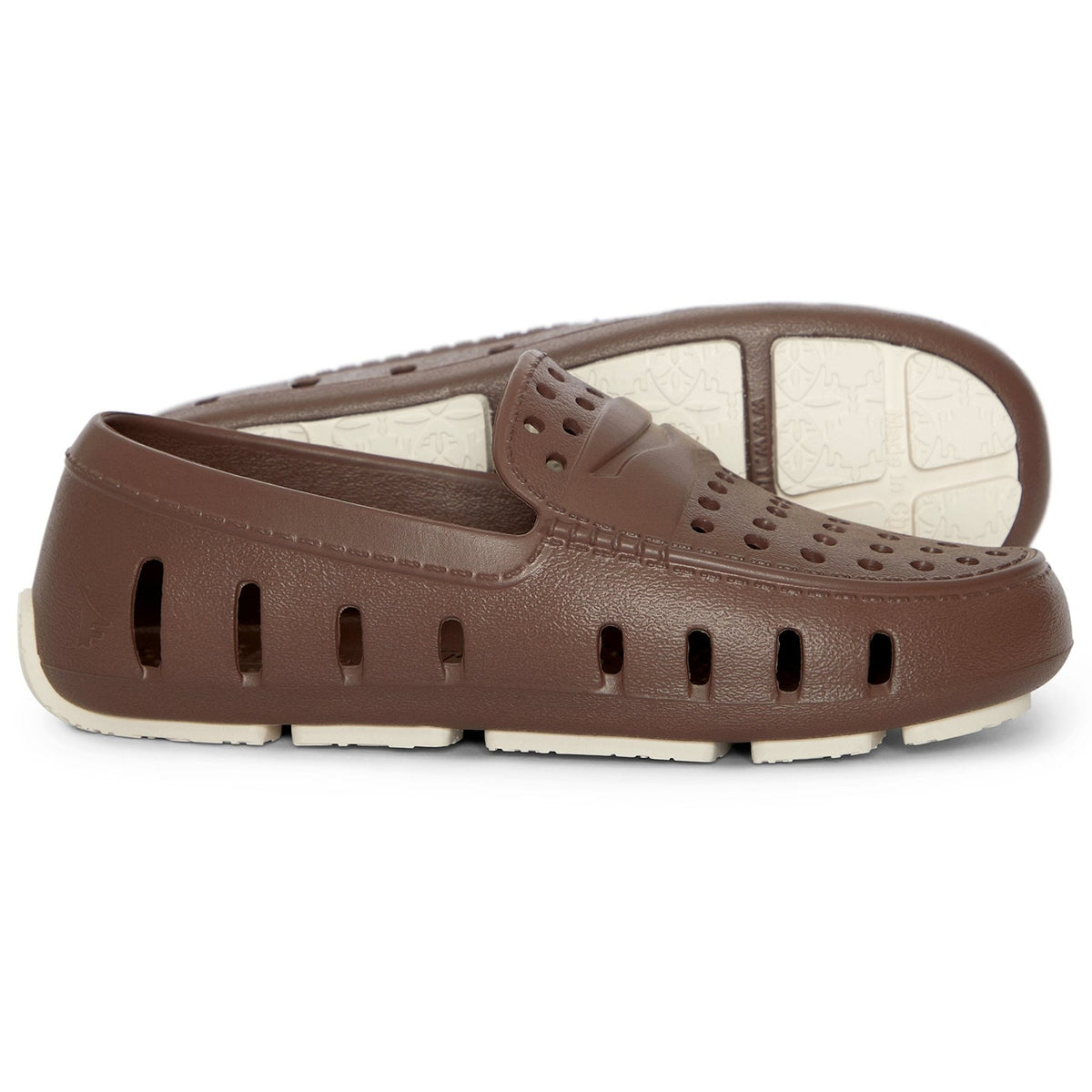 Kids brown slip-on loafers with perforations and white-beige sole edge