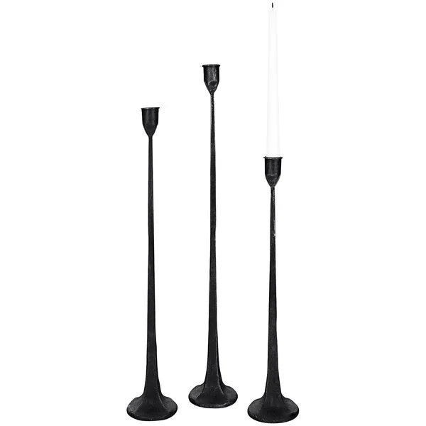 Set of 3 tall black cast-iron candle holders with tapered bases