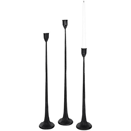 Set of 3 tall black cast-iron candle holders with tapered bases