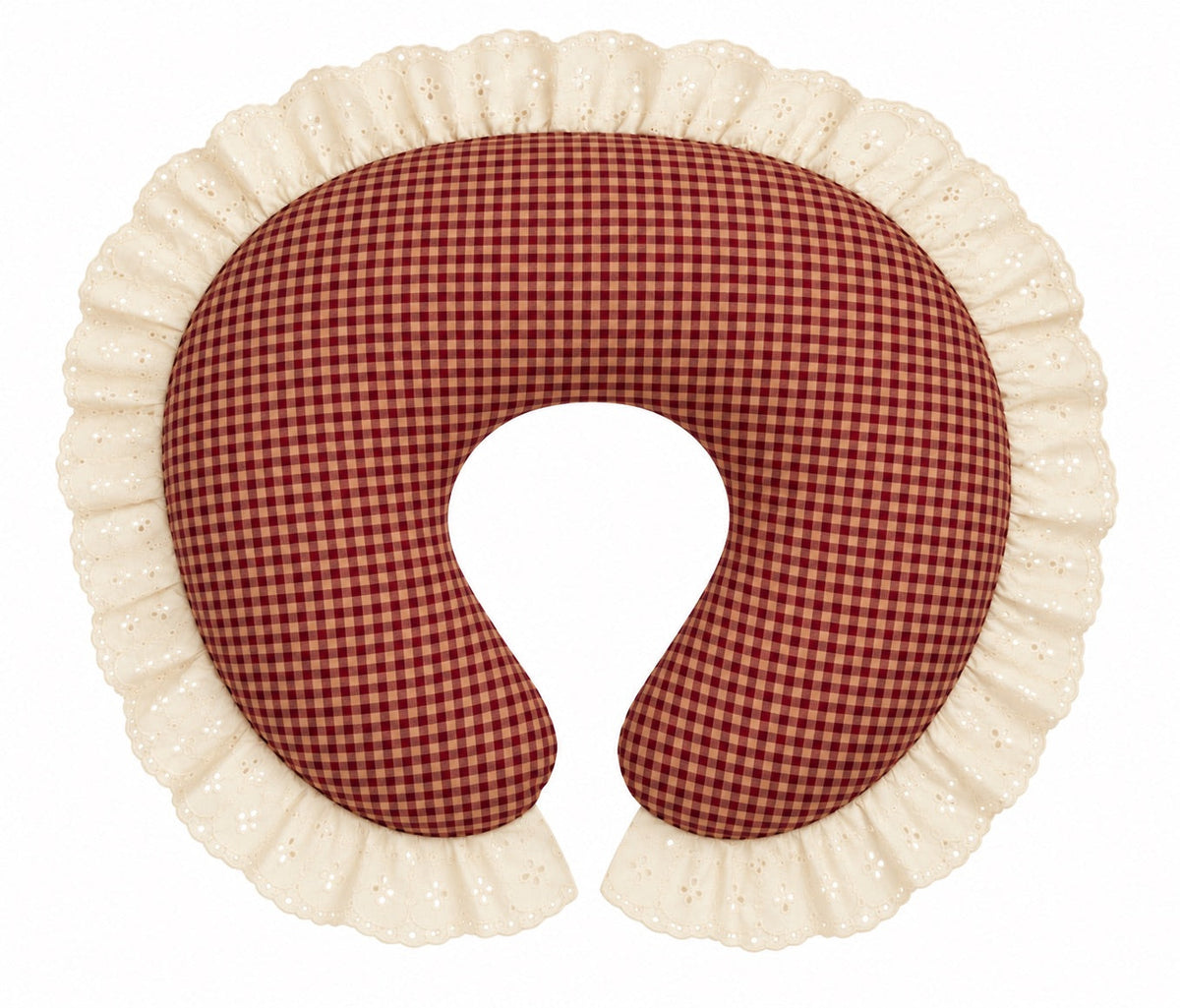 Nursing pillow cover with burgundy gingham and ivory eyelet lace ruffle