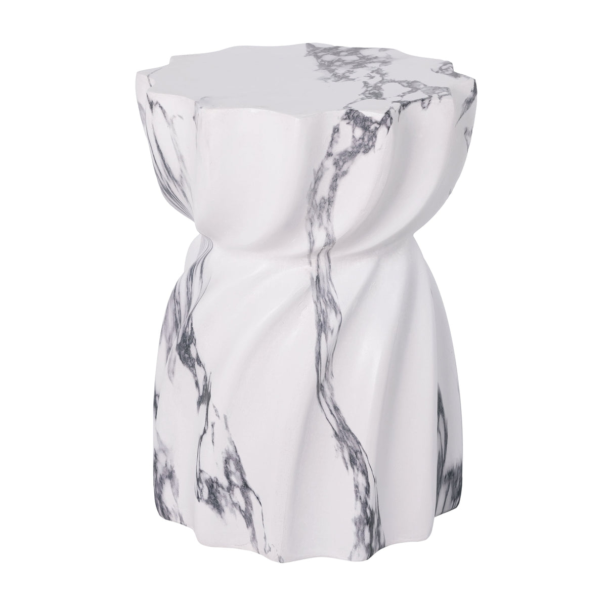 Sculptural side table with flowing gray veining and a fluted pedestal