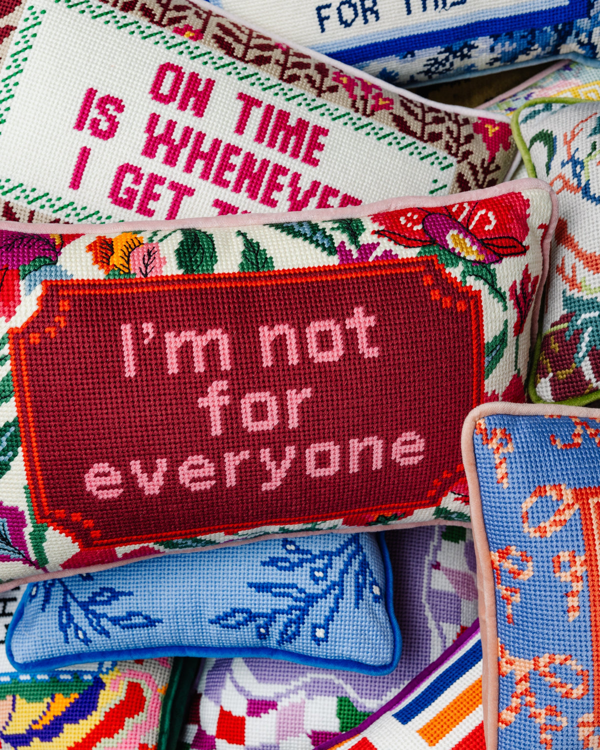 Close-up red needlepoint pillow panel with "I'm not for everyone" and floral border details