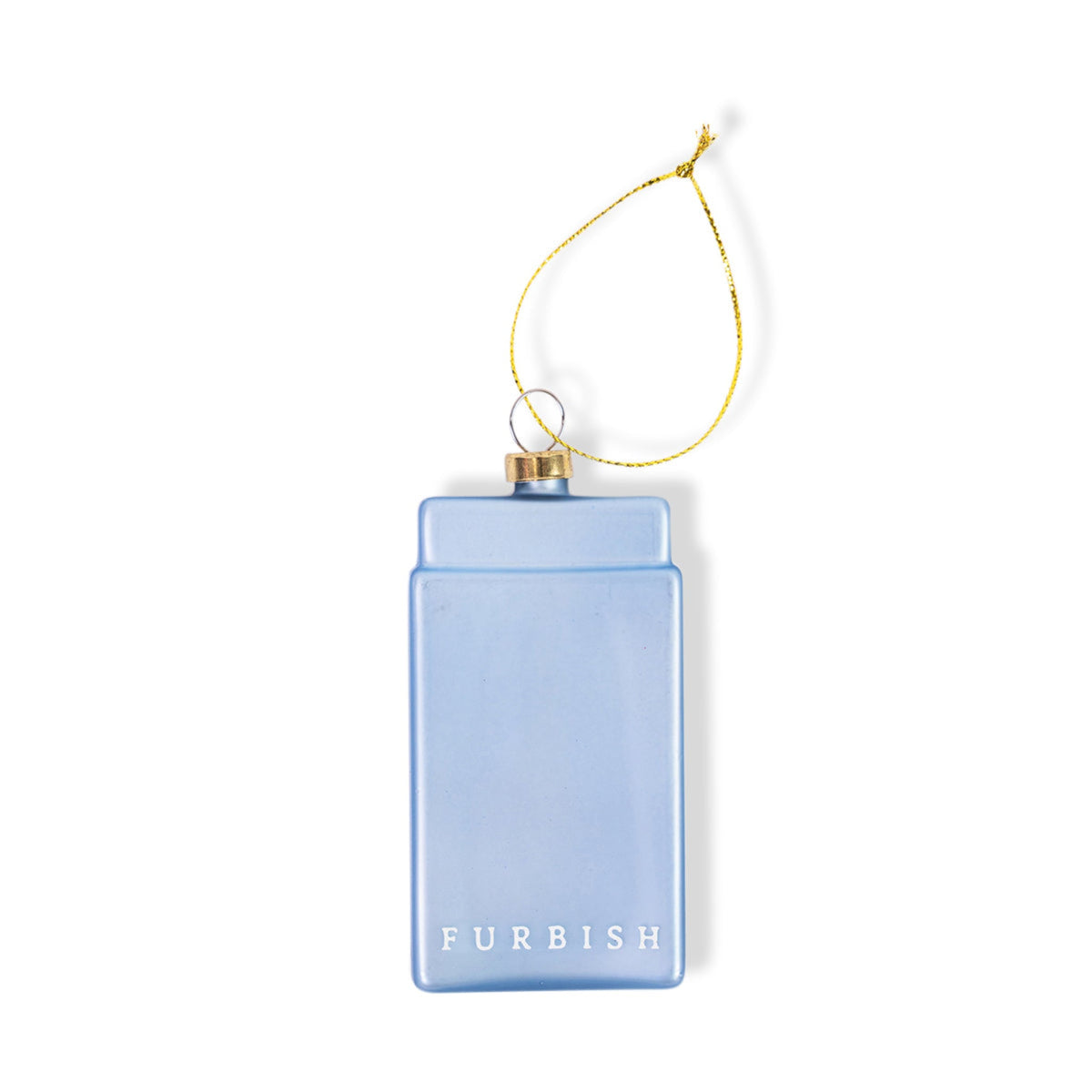 Blue matchbook ornament with gold cord, FURBISH logo on front