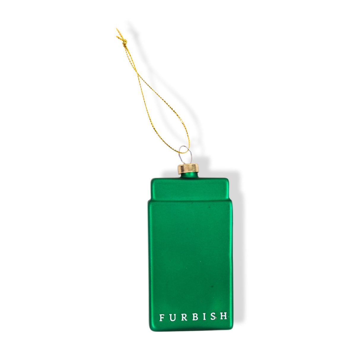 Green matchbook-style ornament with Furbish label and gold top cap