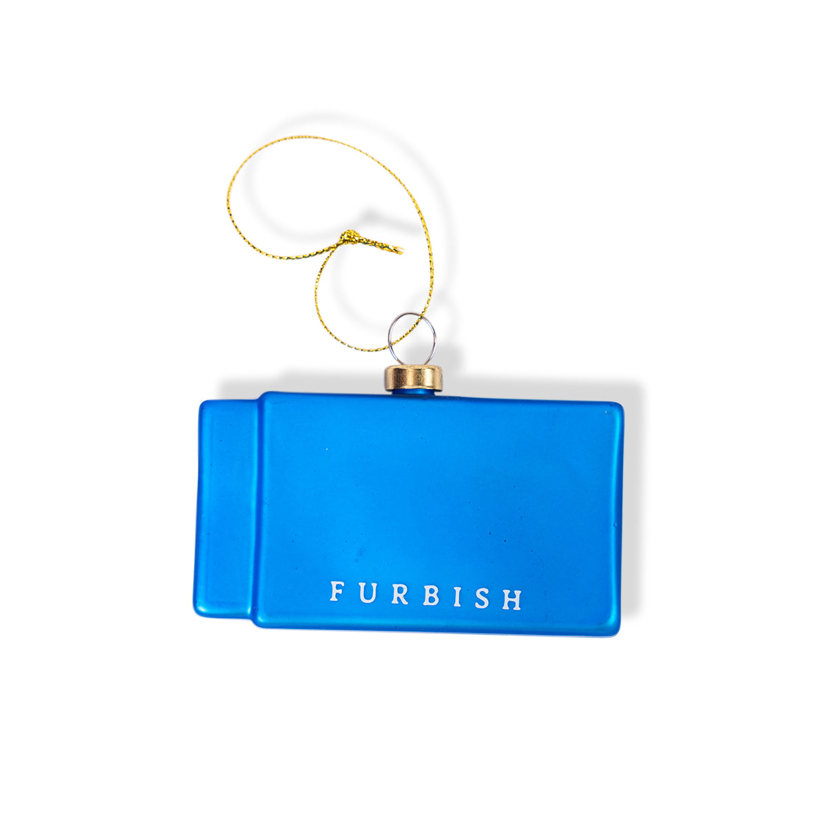 Blue matchbook ornament with gold cap and hanging string, FURBISH text