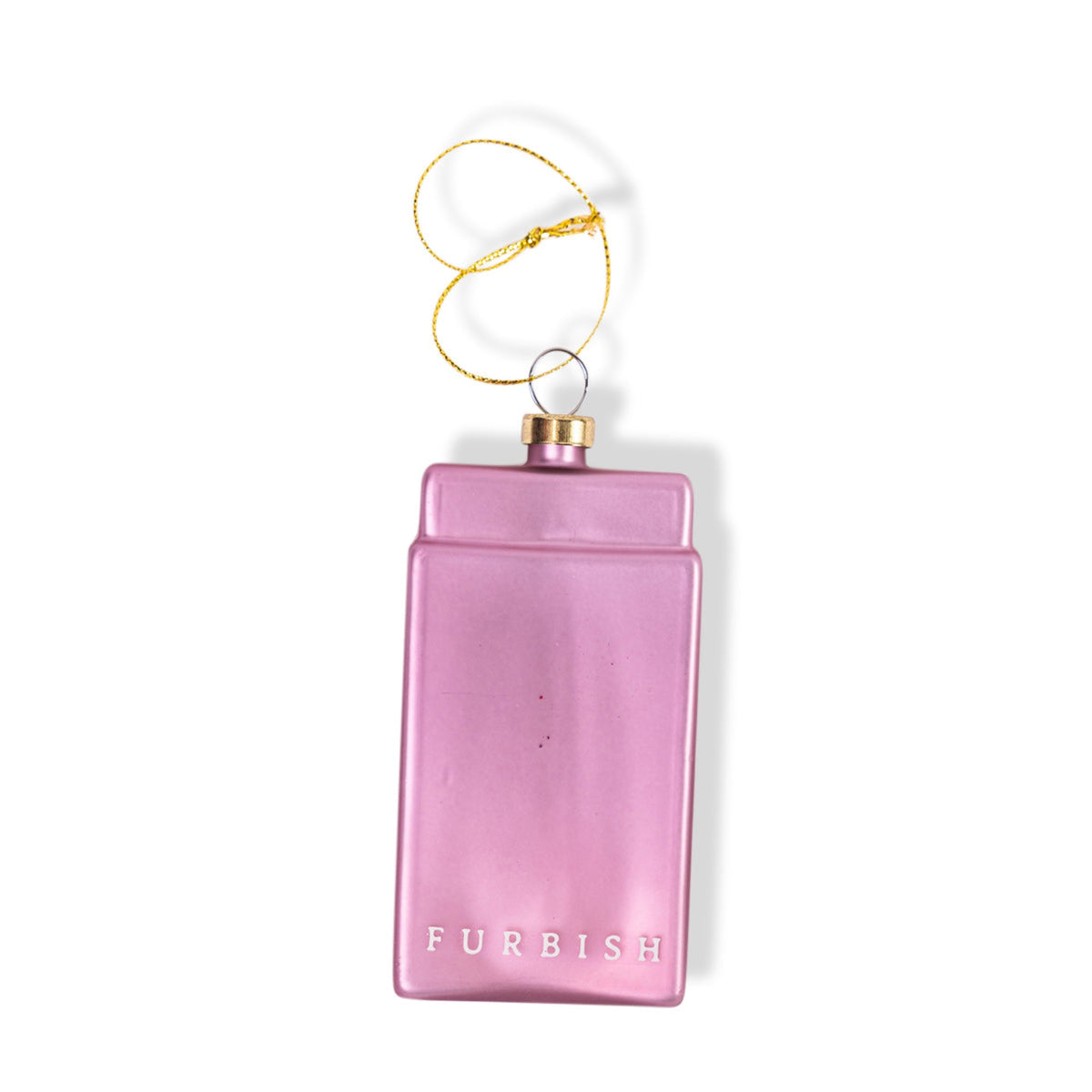 Pink matchbook ornament back with gold loop and FURBISH lettering