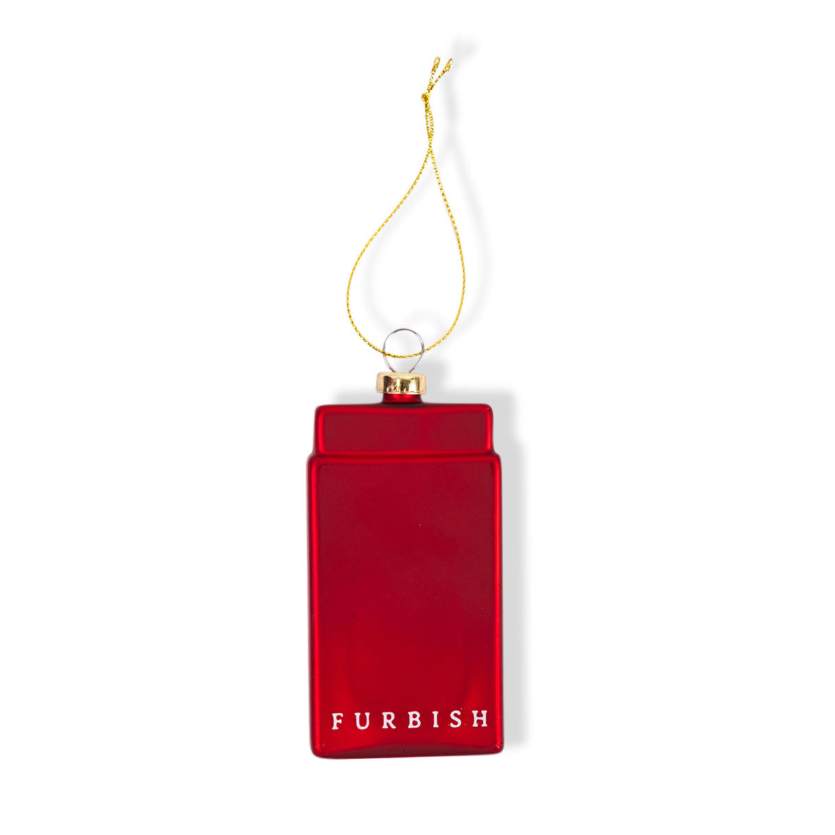 Red matchbook ornament back with gold chain and 'FURBISH' text
