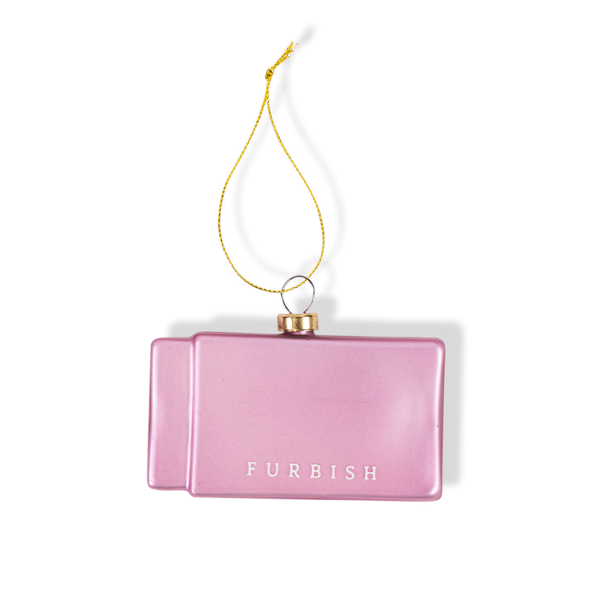 Pink matchbook ornament with gold top ring and FurBISH text front