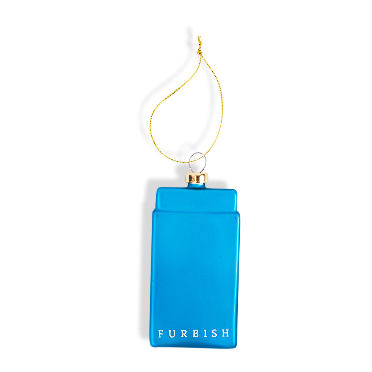 Blue matchbook ornament with gold cap and hanging loop; front shows “FURBISH”.