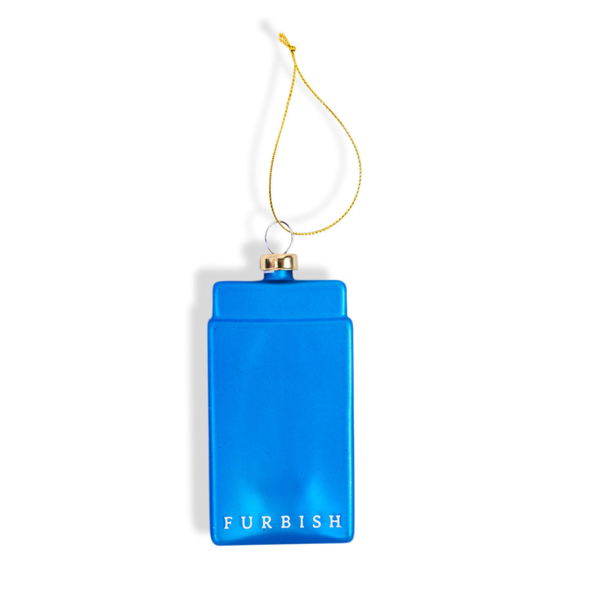 Blue matchbook ornament with hanging loop and FURBISH text on front.