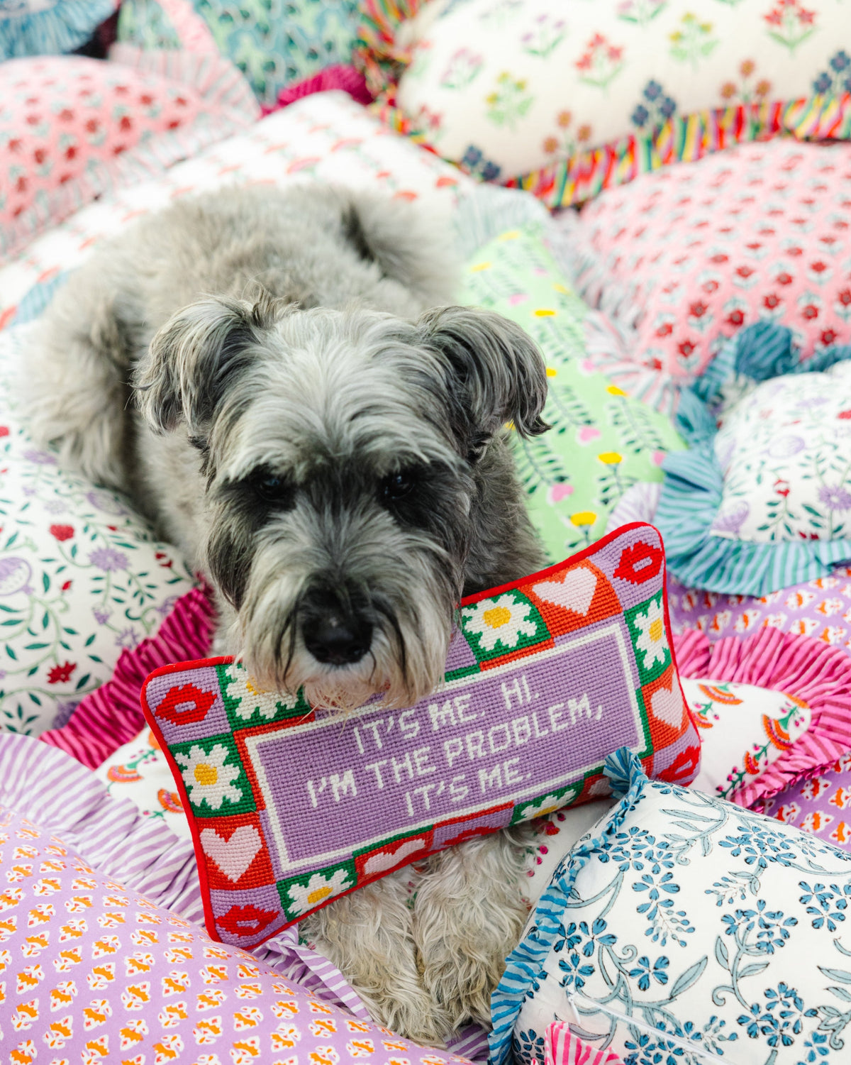 Needlepoint pillow with red trim, multicolor heart blocks, and purple "It's me" text