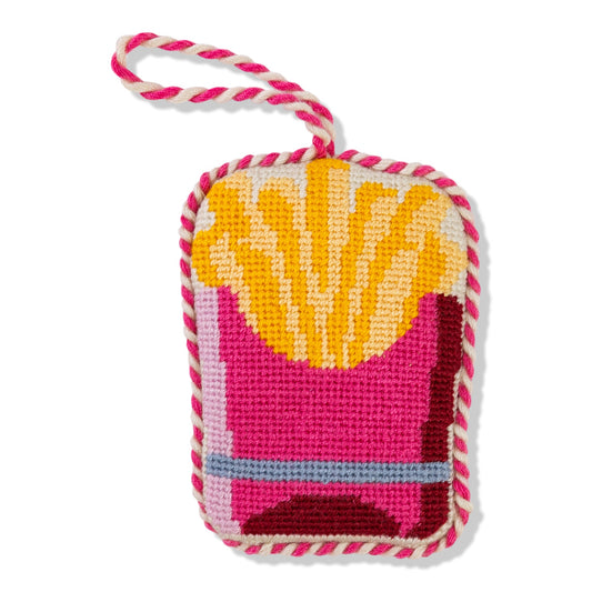 Needlepoint French fries ornament with pink and yellow stitched icon and hanging loop