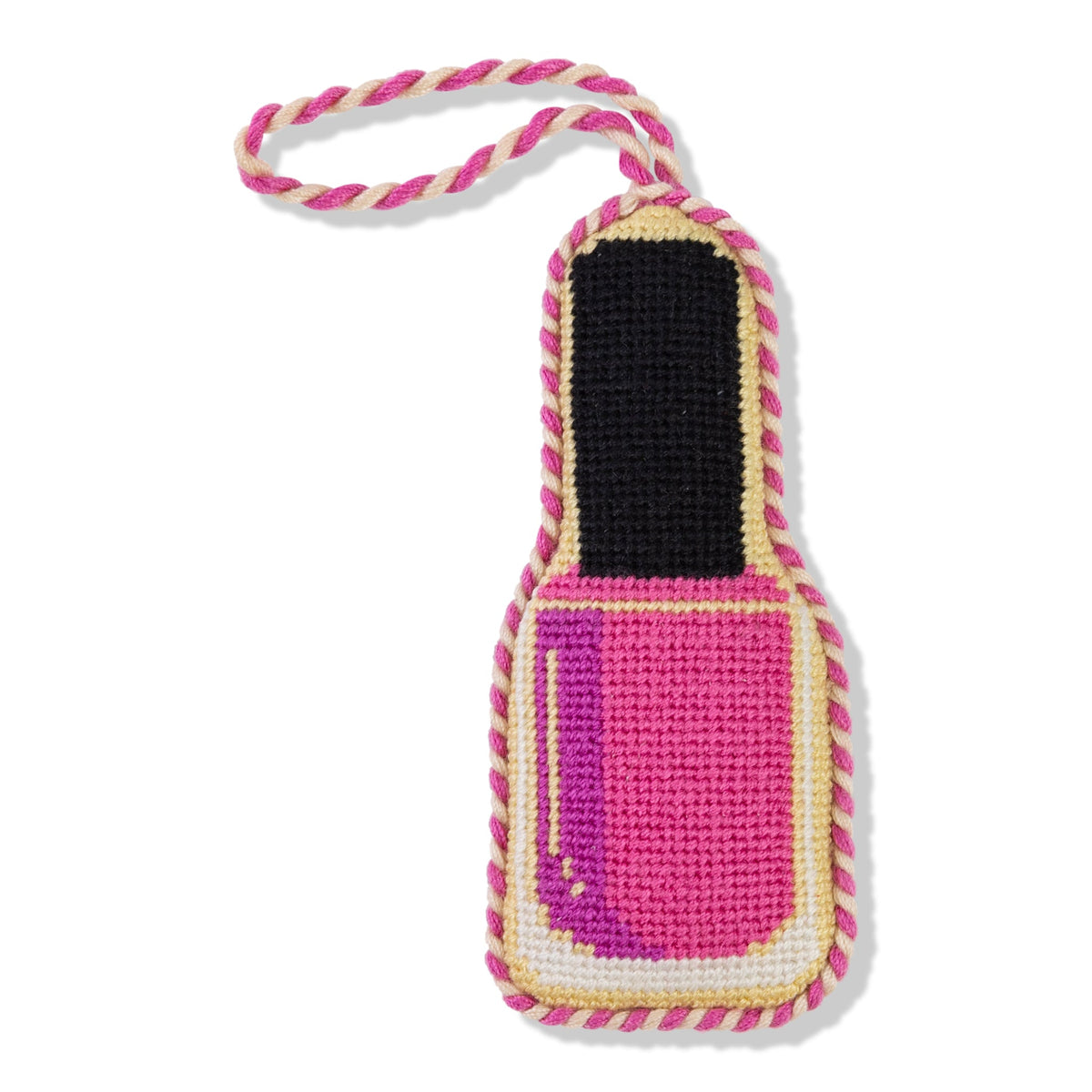 Needlepoint nail polish bottle ornament, pink bottle with black cap and hanging loop