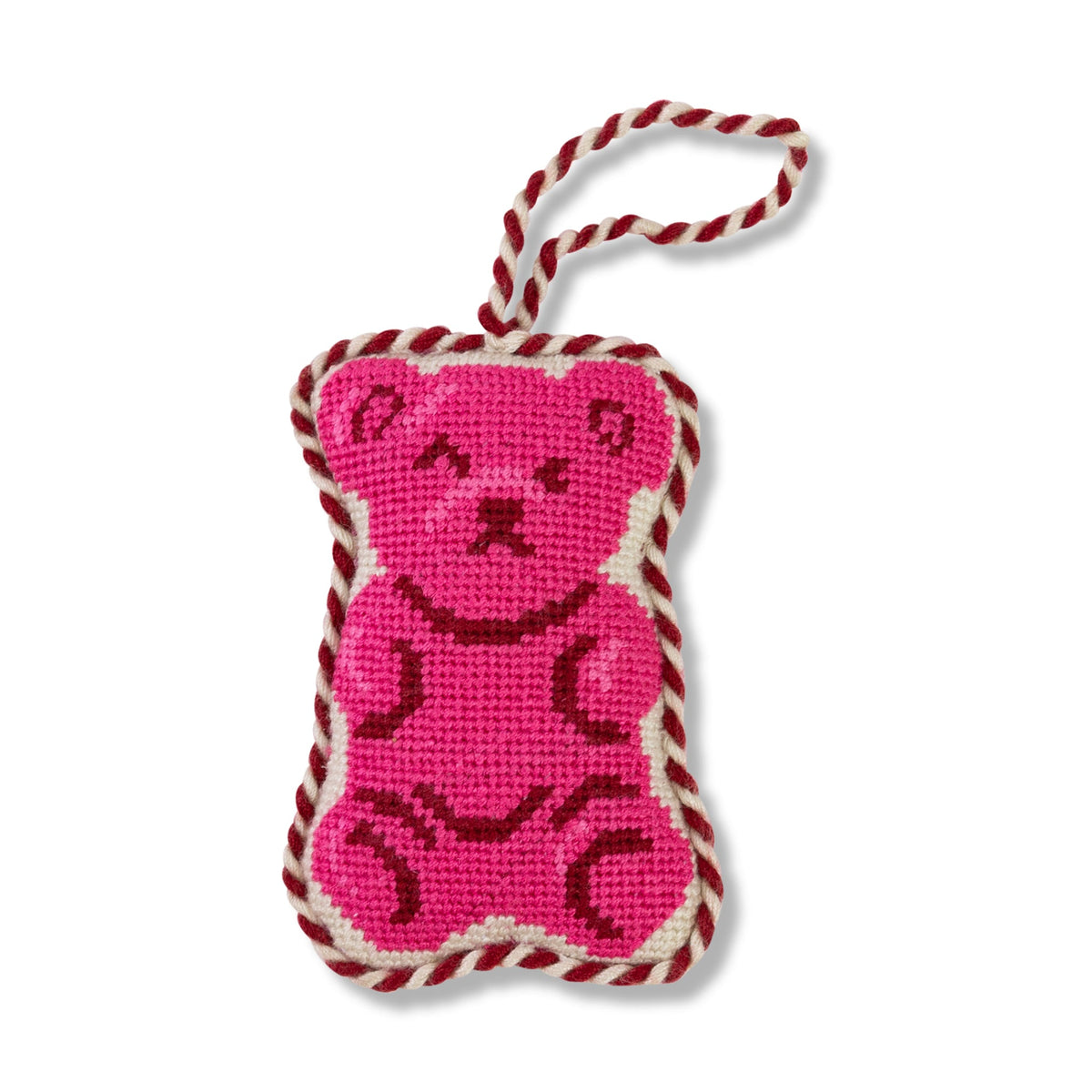 Pink gummy bear needlepoint ornament with twisted rope loop