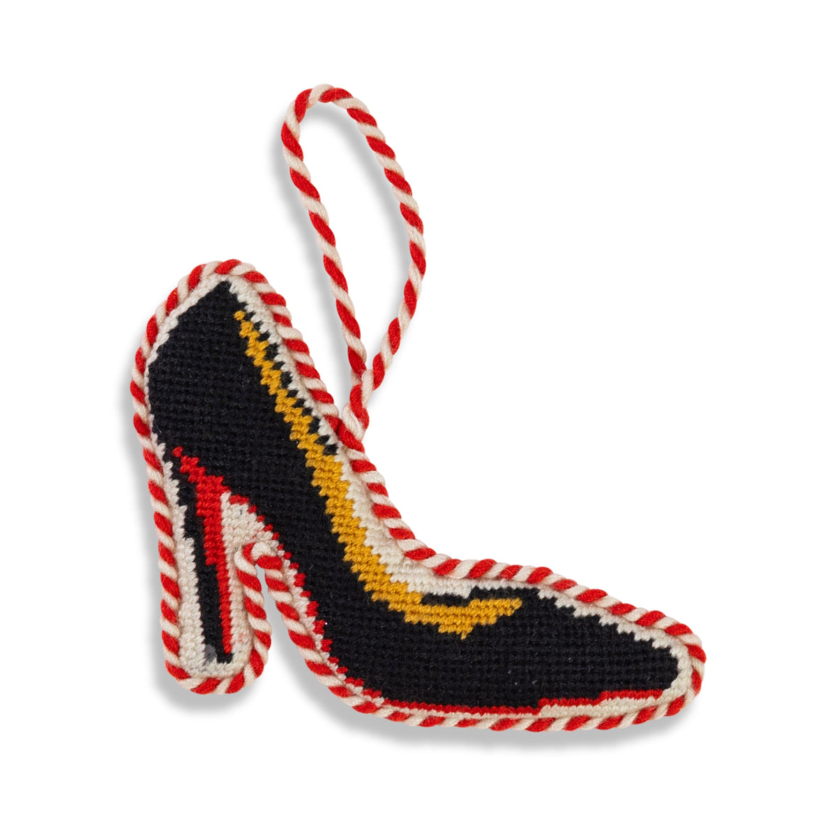 Needlepoint high heel ornament with red, yellow, and black stitched design