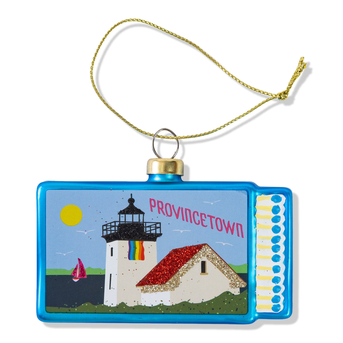 Blue matchbook-style Provincetown ornament with gold cord and Providence Town lighthouse artwork
