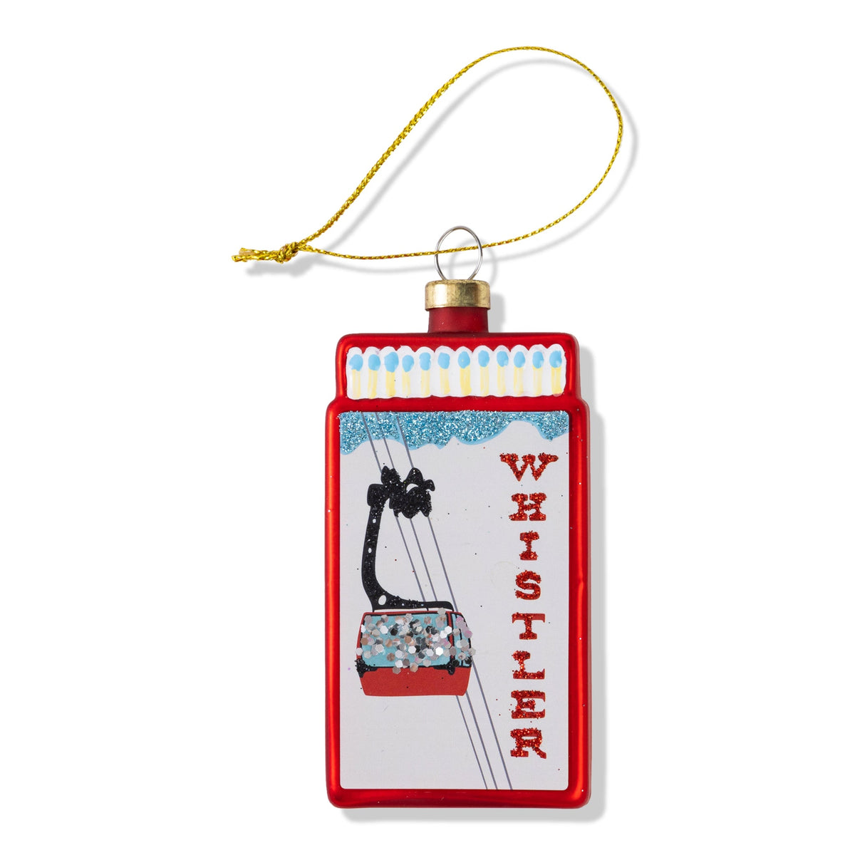 Whistler matchbook ornament with gold cord, red border and illustrated panel