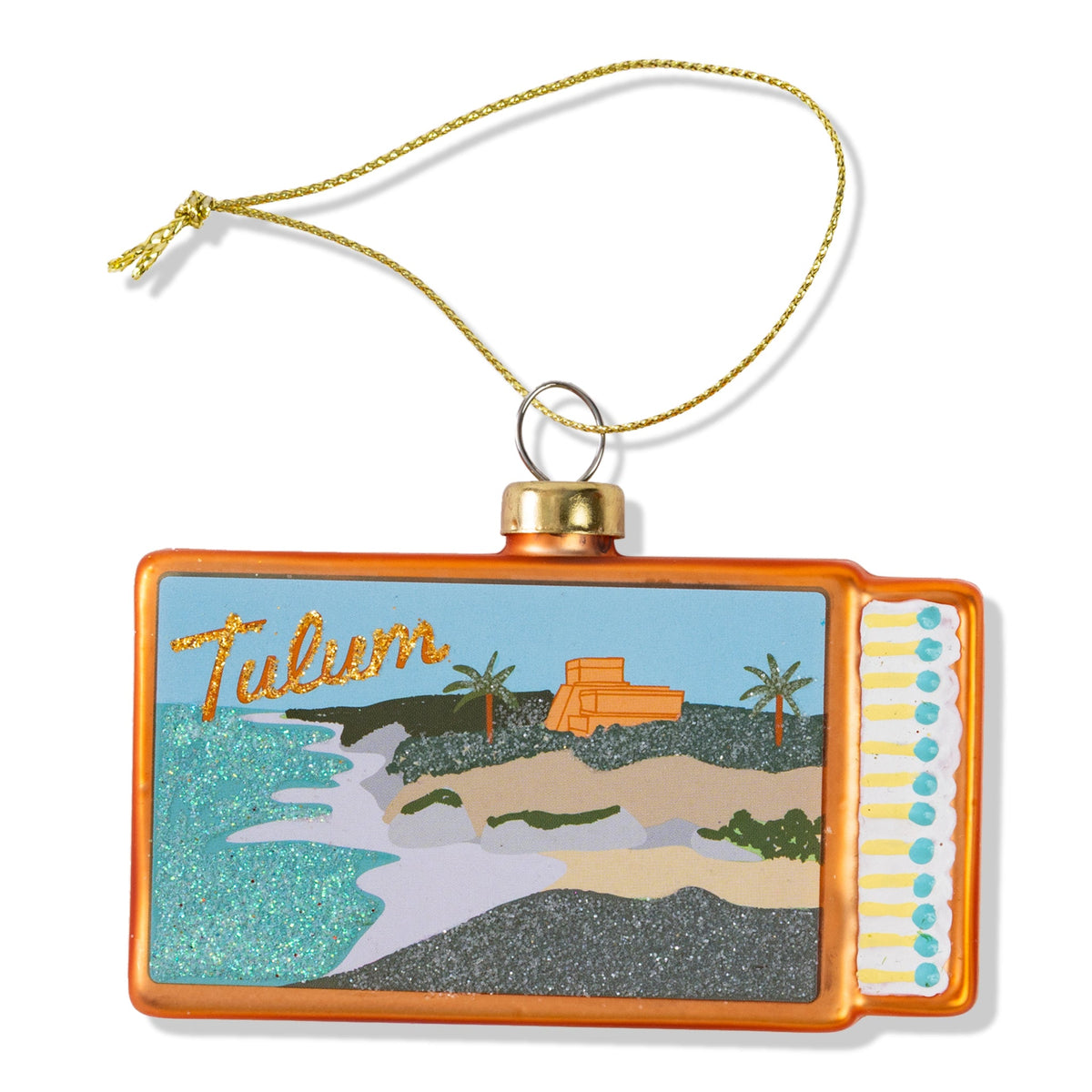 Tulum matchbook ornament with orange frame, gold cap, hanging cord, beach scene