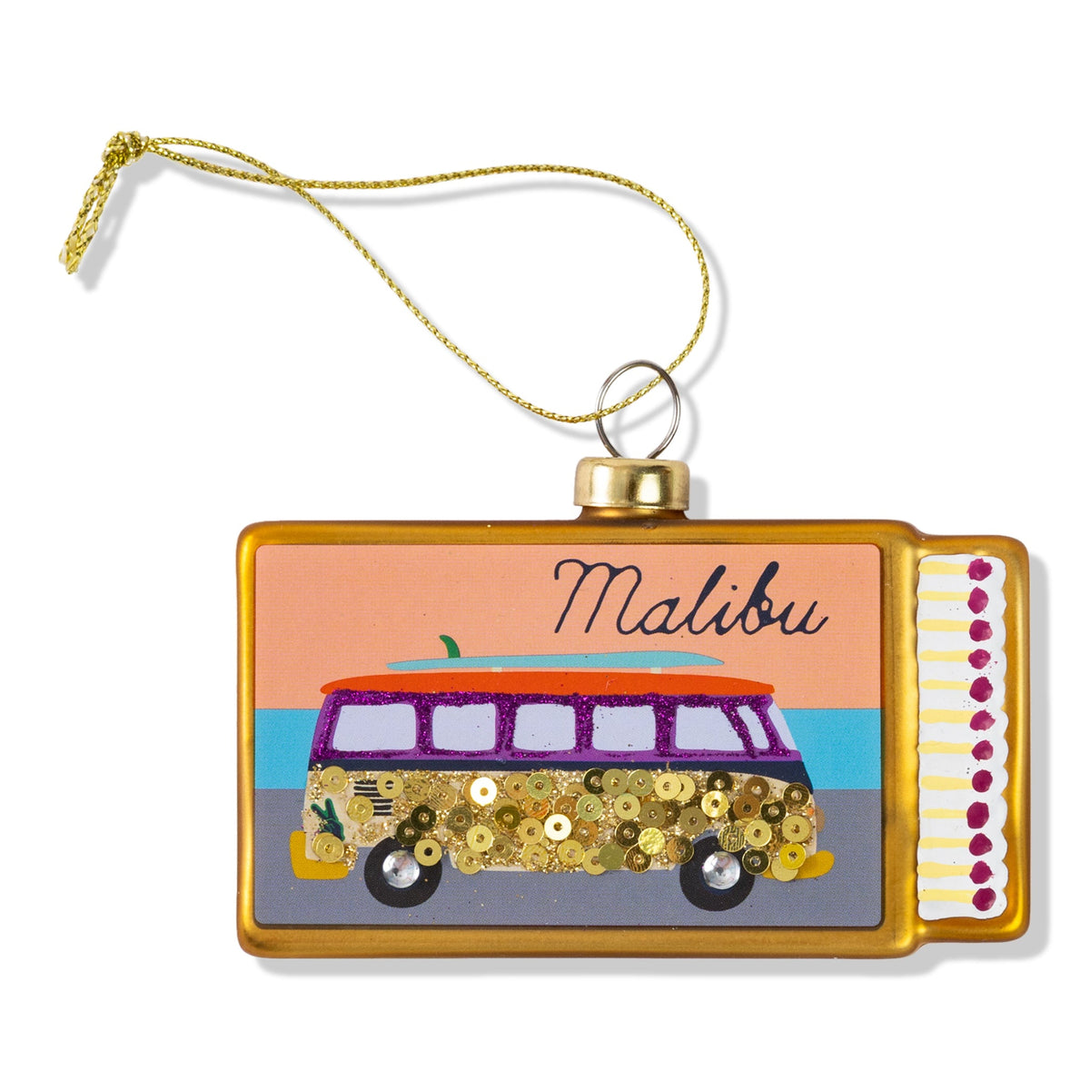 Matchbook ornament with Malibu logo, gold frame, sequined purple car on front.
