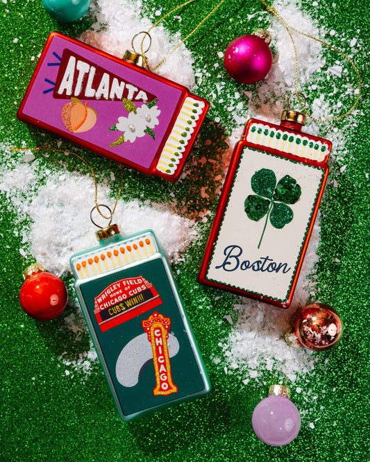 Atlanta matchbook ornament with red frame and gold hanging loop