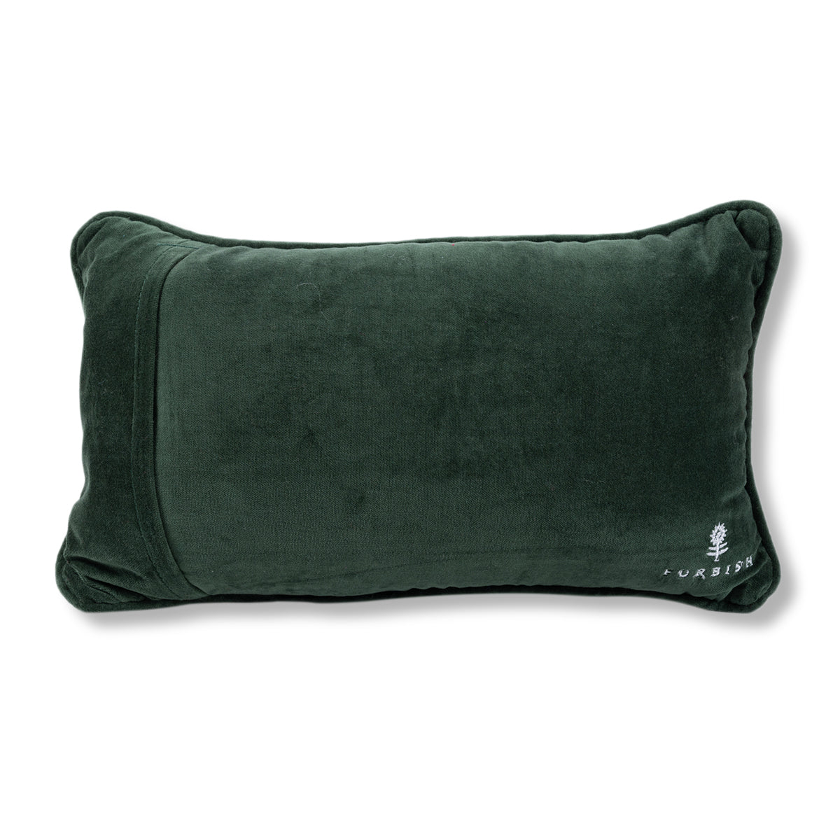 Solid dark green velvet needlepoint pillow with small embroidered logo on front