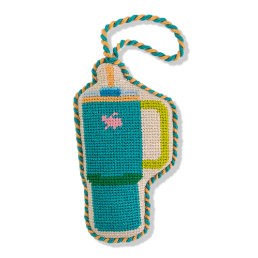 Needlepoint tumbler mug icon ornament with teal, pink, and yellow striped design