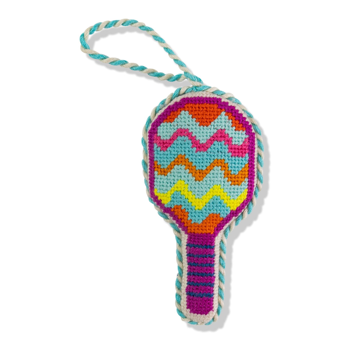 Needlepoint pickleball racket ornament, multicolor zigzag pattern with hanging braid.