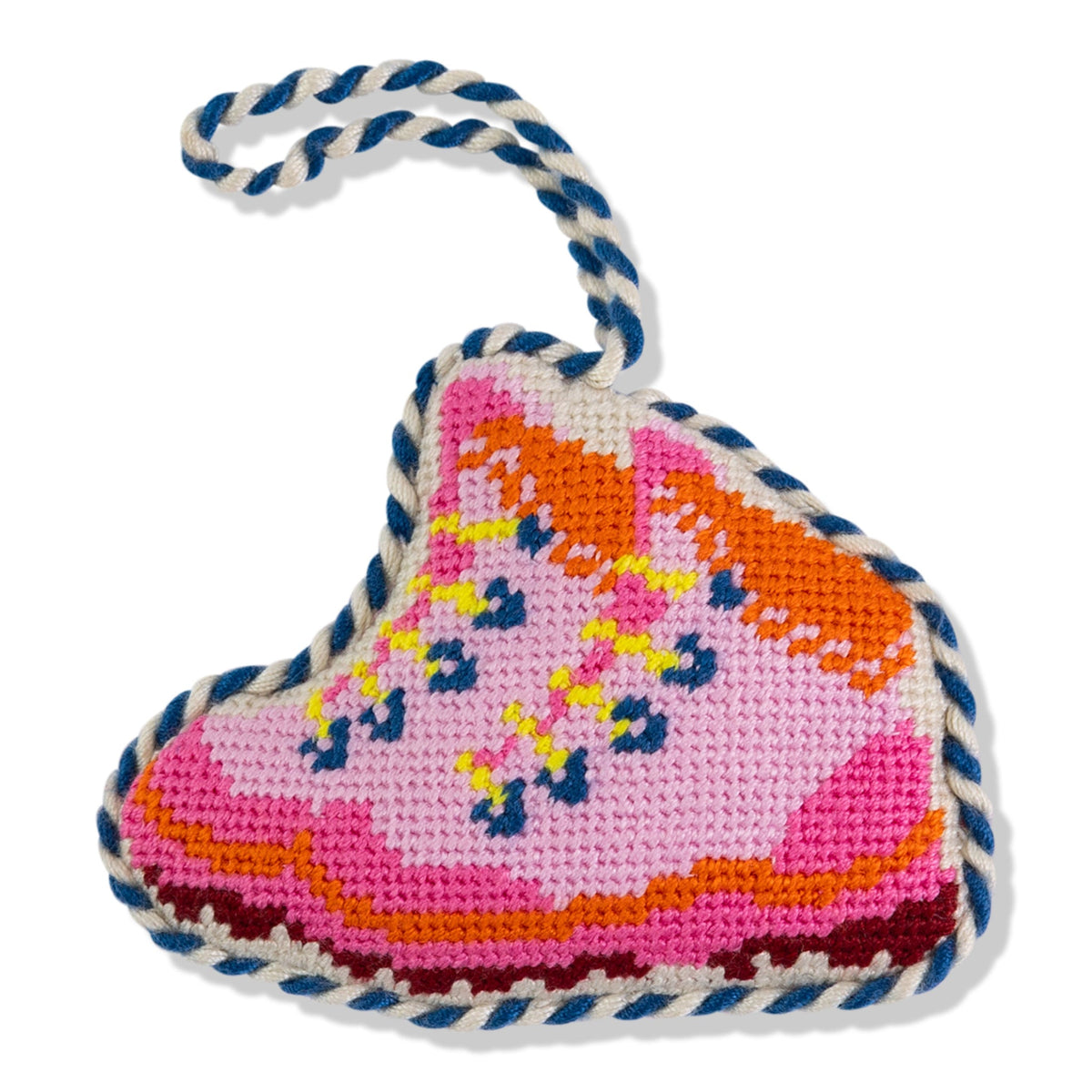 Needlepoint snow boot ornament with pink, orange, and blue stitch design and loop cord