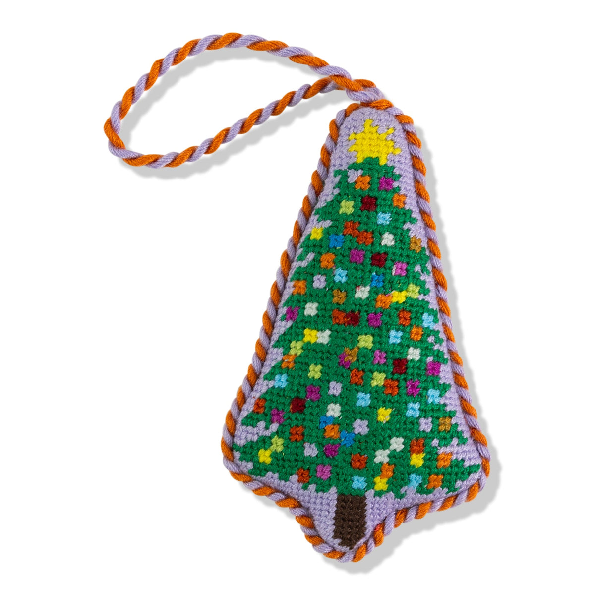Needlepoint Christmas tree ornament with multicolor stitched design and twisted cord loop