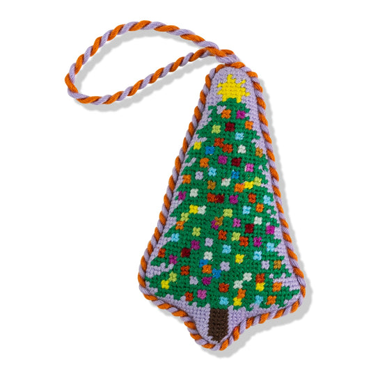 Needlepoint Christmas tree ornament with multicolor stitched design and twisted cord loop