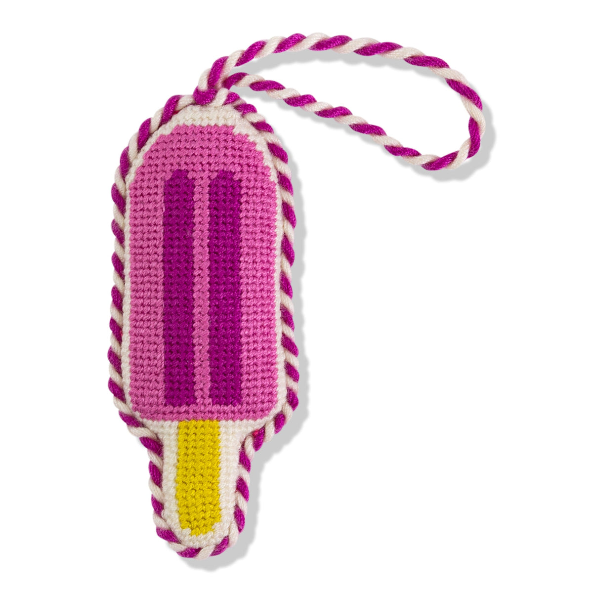 Needlepoint popsicle icon ornament, pink purple stripes with yellow base and hanging loop
