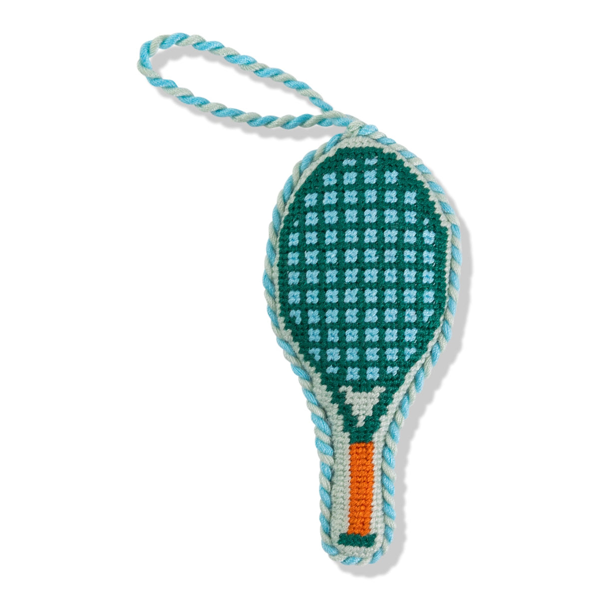 Needlepoint tennis racket icon ornament with teal check pattern and orange accent.