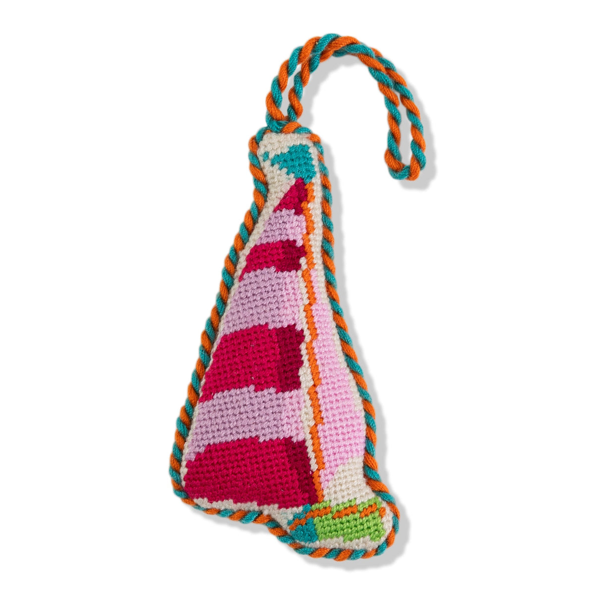 Sailboat needlepoint ornament with multicolor striped sail and braided loop
